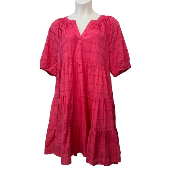 NWT Crown & Ivy Peasant Mini Dress Puff Sleeves Eyelet Pink Pop Womens S… - Picture 1 of 4